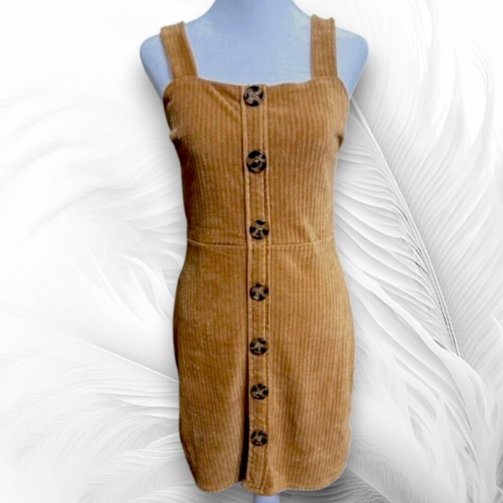 NO BOUNDARIES Front Buttons Rib Dress Jumper Brown Stretch Size: S